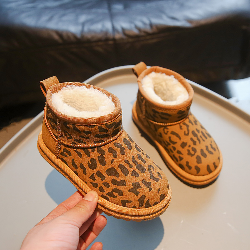Children's leopard print snow with thick fleece and warm soft sole, medium to children's winter boys' large shoes,_voghion.com