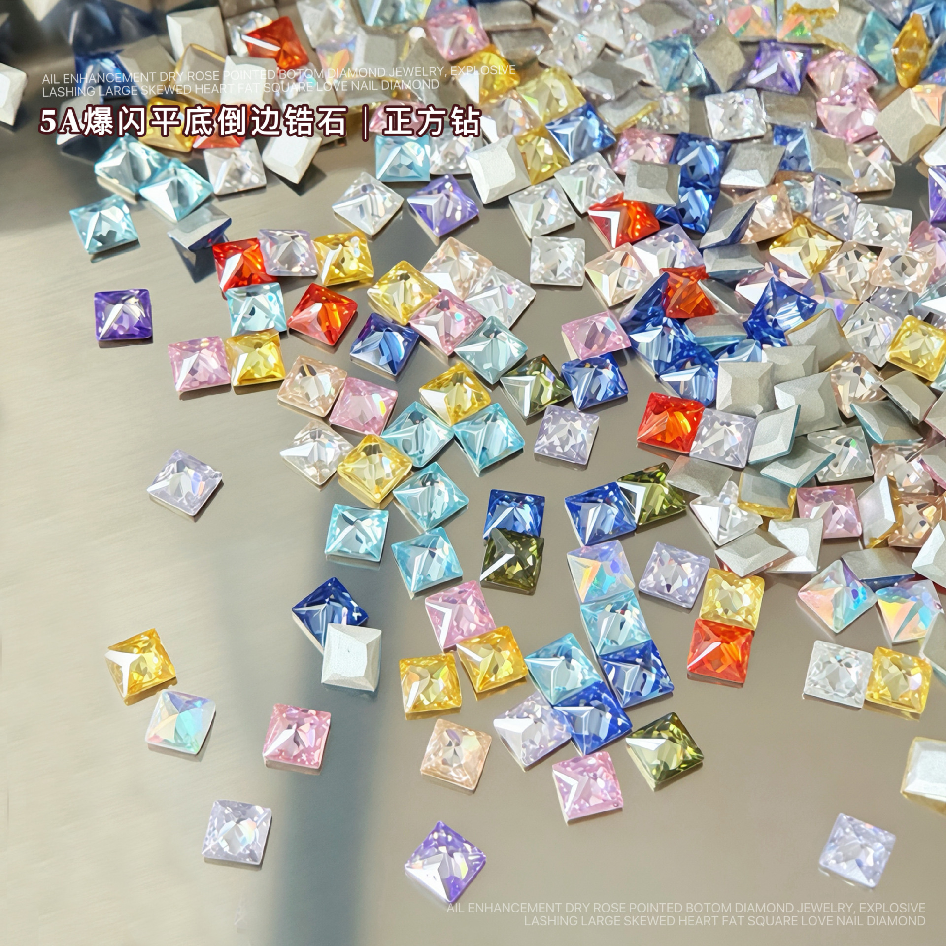 Super sparkly mini square nail art rhinestones, mixed colors, flat-backed, small square shape, beveled edges, for nail decoration