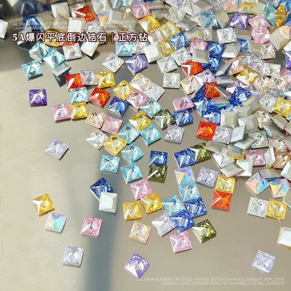 Super sparkly mini square nail art rhinestones, mixed colors, flat-backed, small square shape, beveled edges, for nail decoration