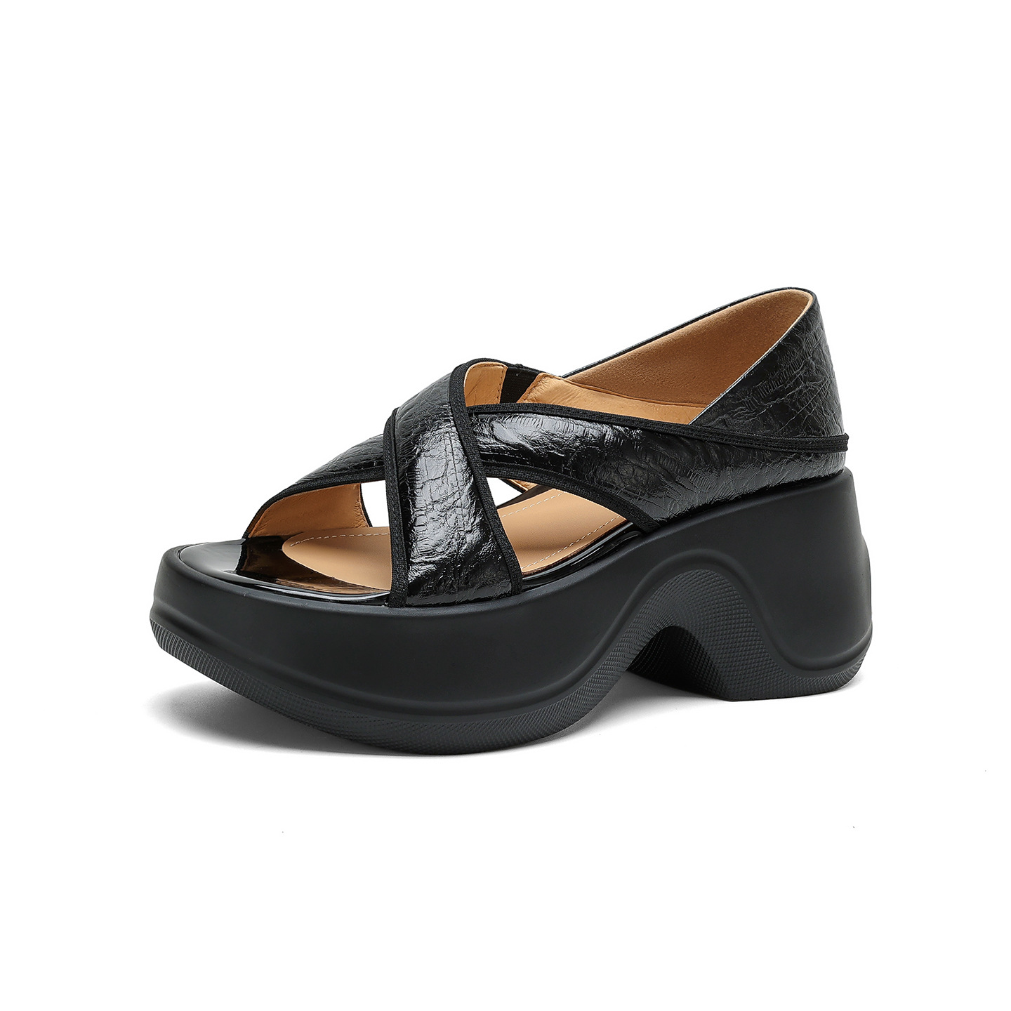 Sandal nữ đế xuồng cao gót 6cm mũi hở phong cách La Mã da thật — màu đen, màu xanh hồ