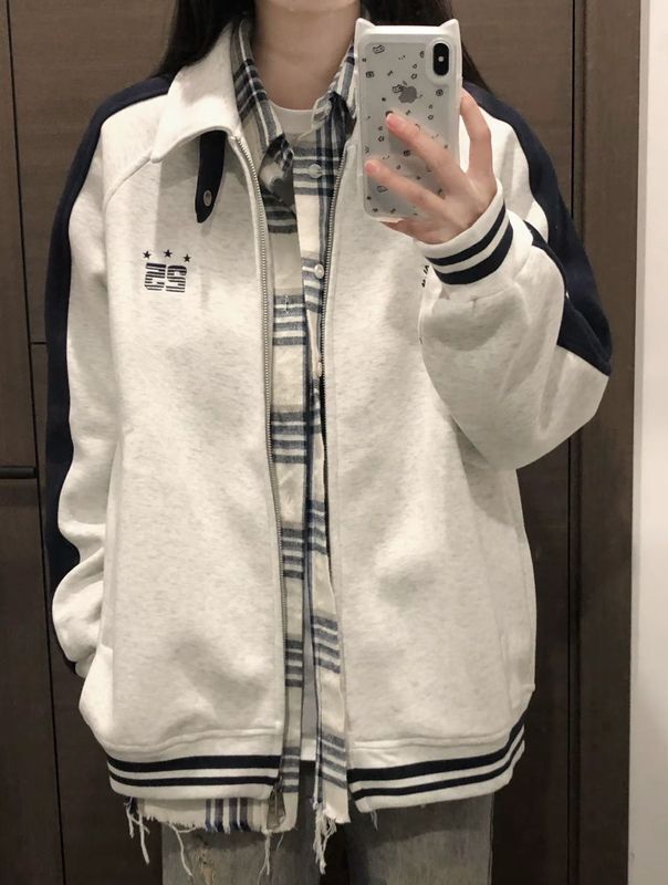 美式国潮撞色翻领棒球服外套女春秋宽松小众别致情侣开衫夹克卫衣|undefined