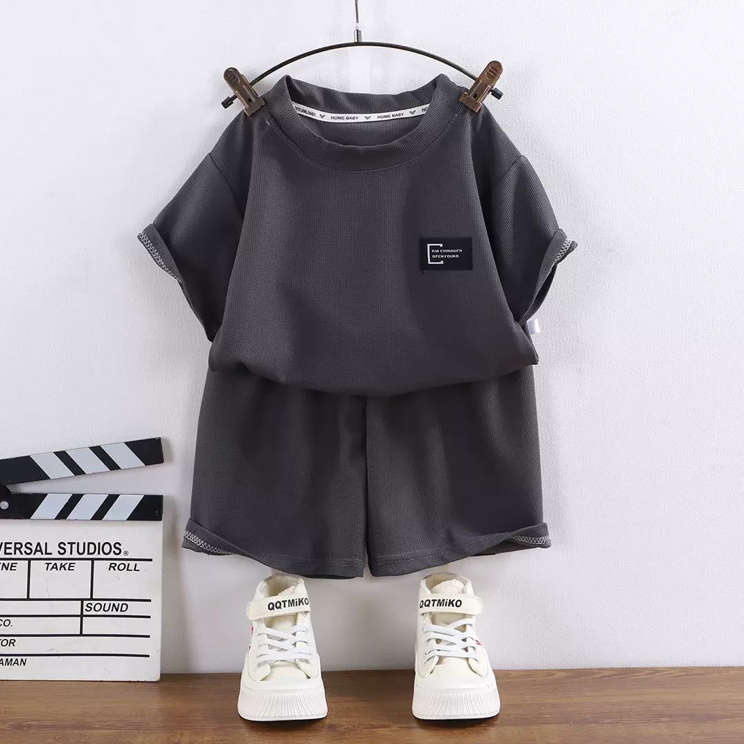 儿童短袖短裤夏季薄款男童华夫格套装女童家居服宝宝衣服韩版批发