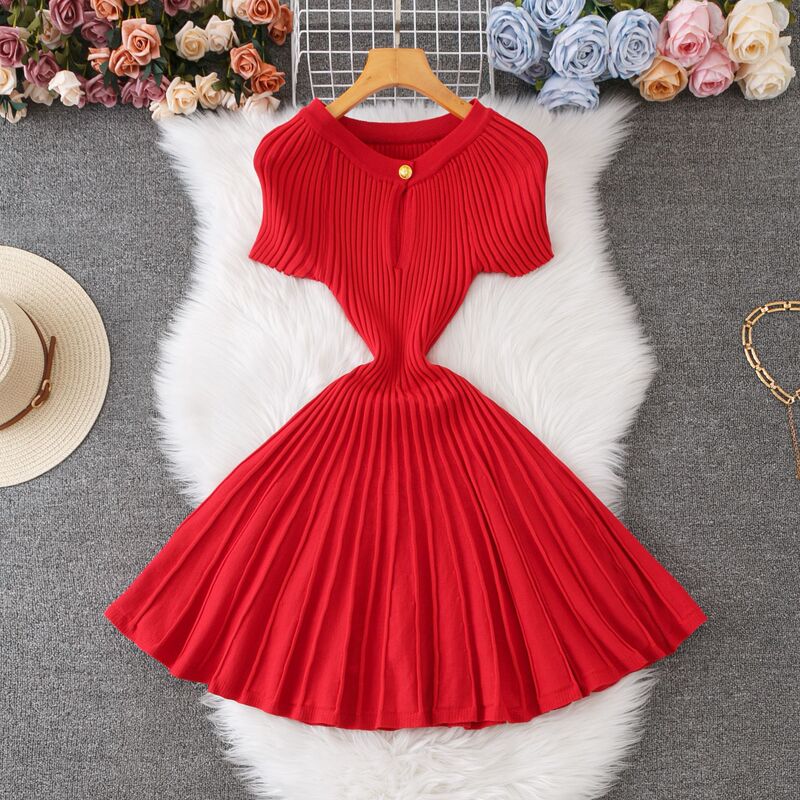 French Style Summer New Pit Strip Elastic Hollow-out Crewneck Short-sleeved Knitted Skirt Women's Fashionable Tight Waist Slimming A- line dress