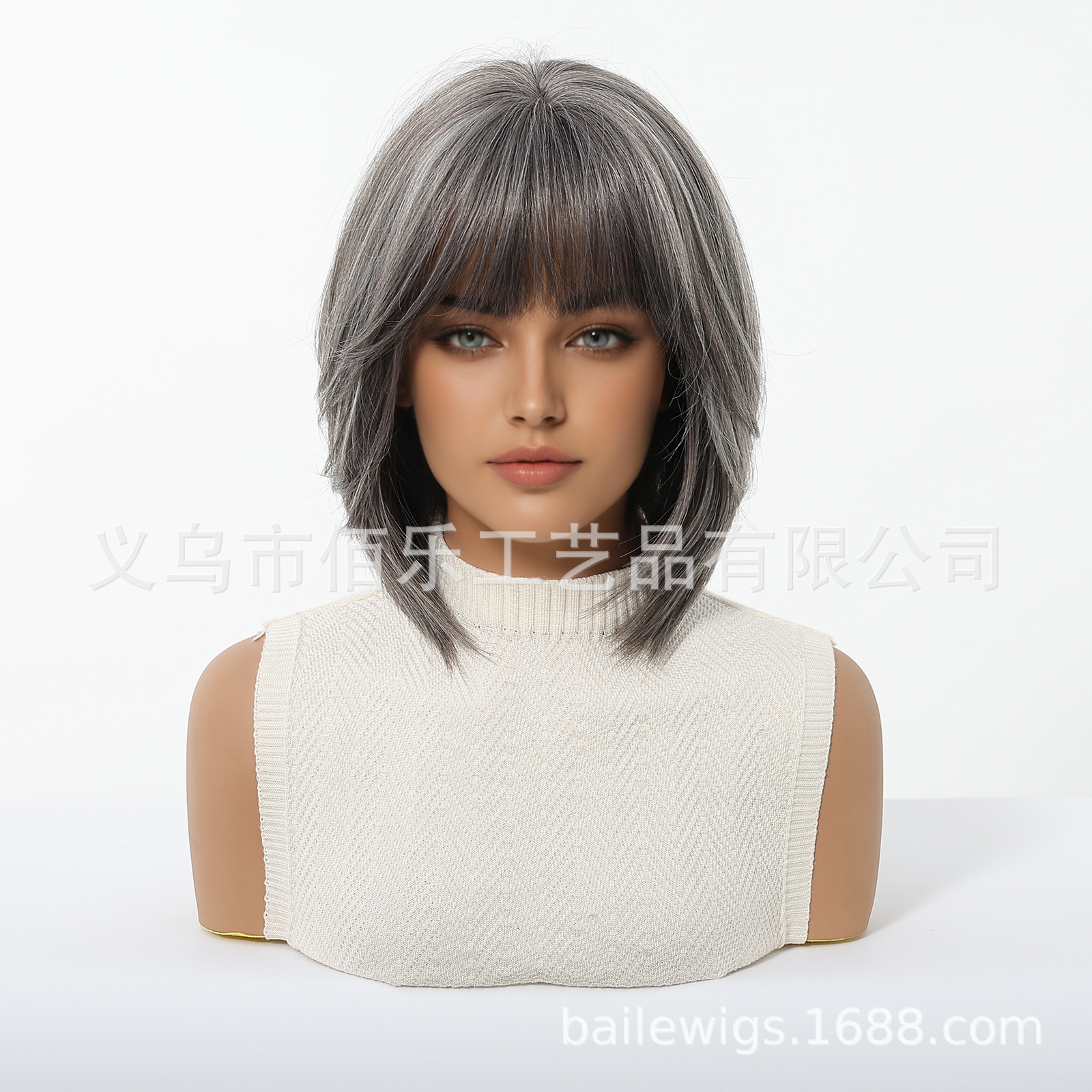 Peluca gris marrón nueva Qi flequillo scratching wigs pelo corto liso cabeza Bobo fabricante transfronterizo spot al por mayor