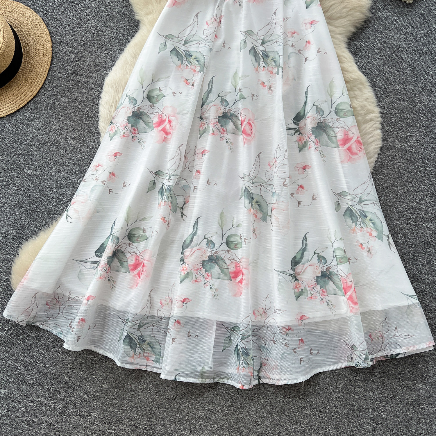 Women's French Romantic Floral Print Dress Summer Korean Style V Neck Tie Up Short Sleeve Waist Cinching A Line Long Skirt Elegant_ecoleips.com