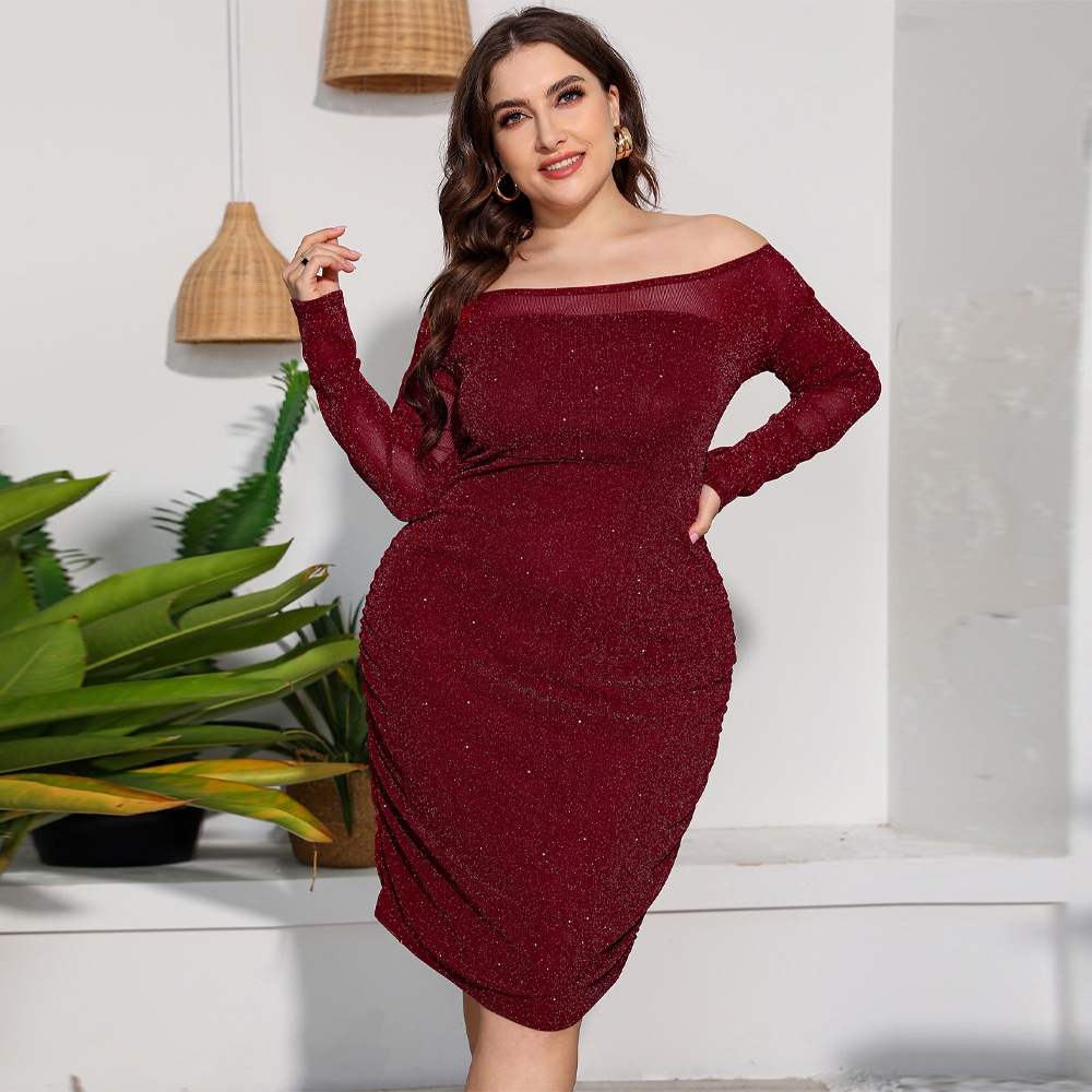 Plus Size Fine Sparkle High Waist Long Sleeve Slim Dress NSJR116958