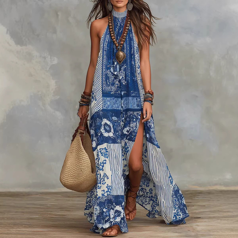 Bohemian Blue and White Porcelain Print Halter Neck Slit Dress, Loose and Slimming, with a Large Hem, Vacation Style Beach Maxi Dress