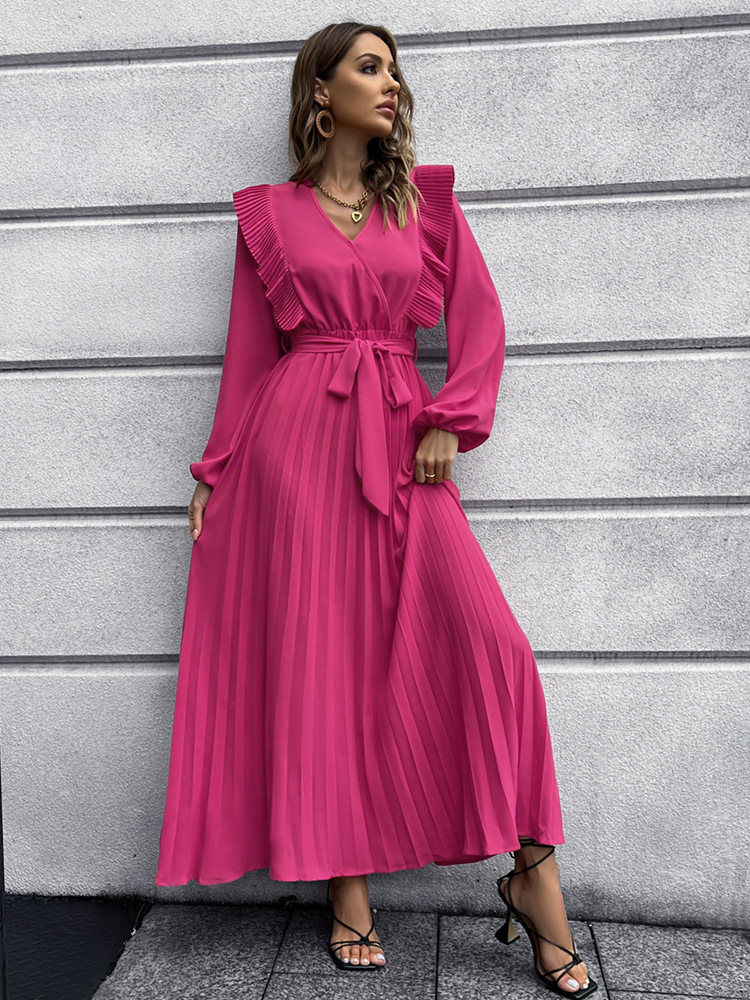 solid color V-neck long sleeve large skirt pleated dress NSHYG138537