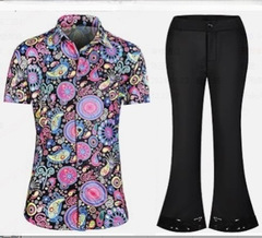 男士70年代迪斯科服裝復古花卉襯衫短袖喇叭褲兩件套舞台表演服