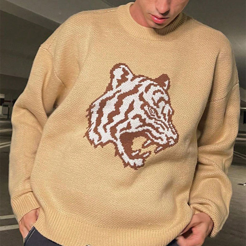 André | Men's Trendy Brand Personalized Tiger Head Jacquard Sweater 2025 Autumn and Winter Style Loose and Versatile Round Neck Knitwear