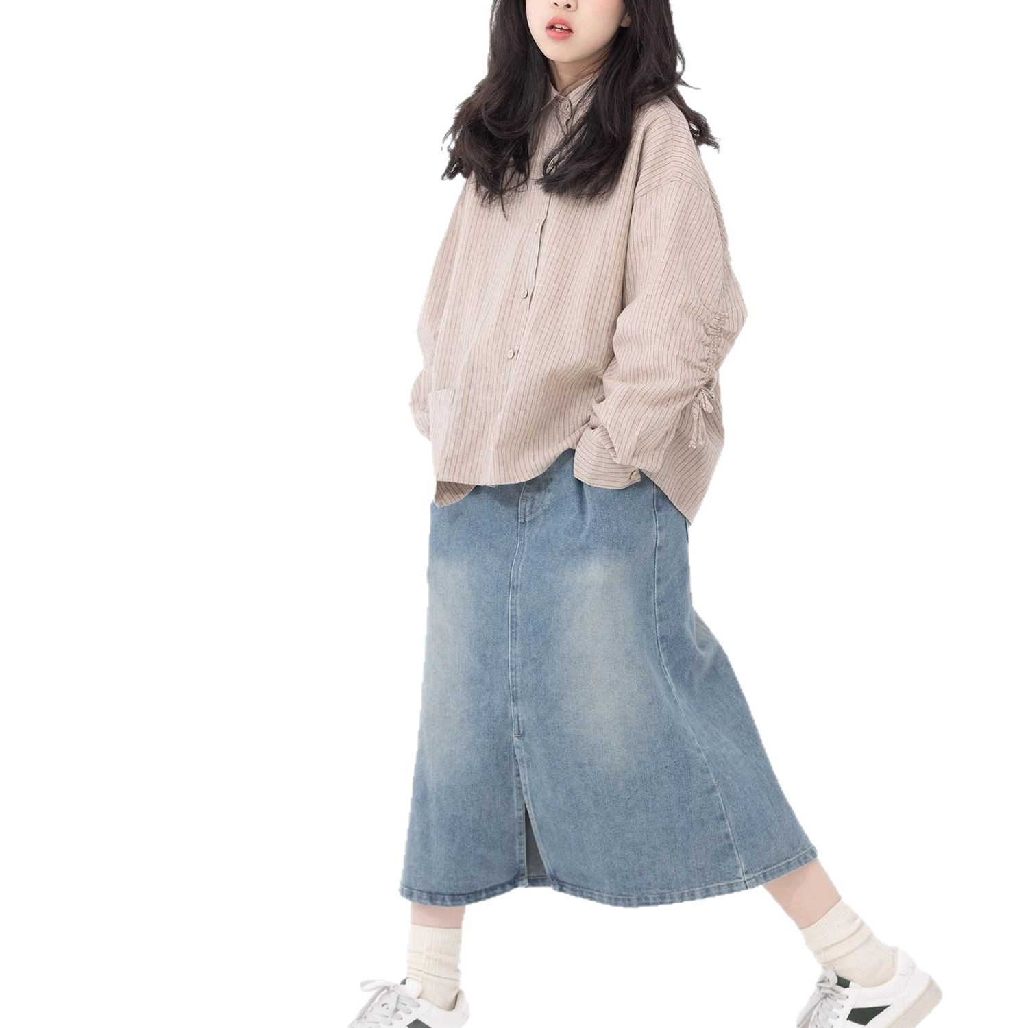 2025 falda infantil coreana falda media larga niños retro nuevo jeans primavera y otoño falda de busto para niños grandes