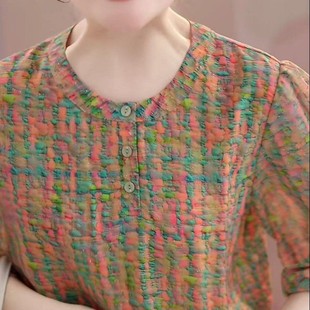 Summer Retro Floral Stand-Up Collar Double-Layer Baby Cotton Gauze Short-Sleeved Shirt, Artistic Loose Shirt, Women's Three-Quarter Sleeves