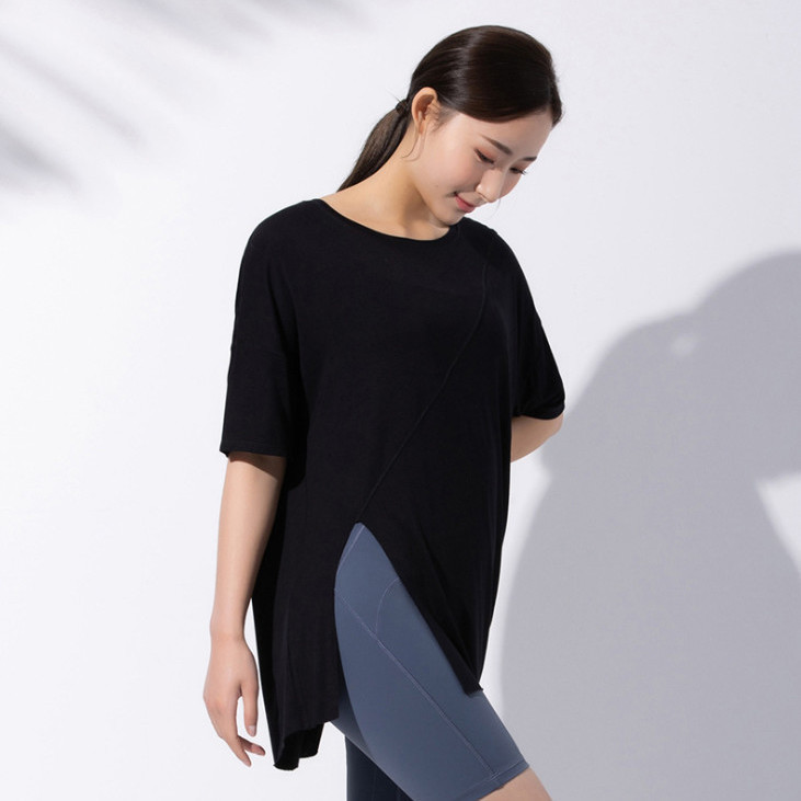 新しいモーダルヨガウェア半袖ルーズスリムロングスポーツTシャツ通気性ランニングフィットネスウェア女性のトップス|undefined