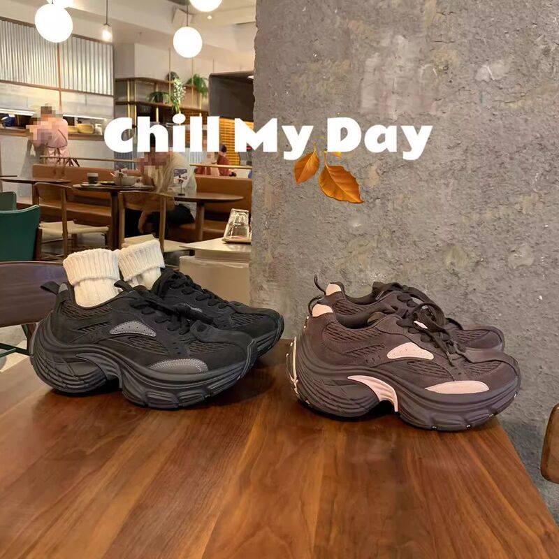 Cowhide Version ~ Grape Mom's Same Style Sports Style Color-Blocked Lace-Up Thick-Soled Suede Dad Shoes for Women in Autumn and Winter