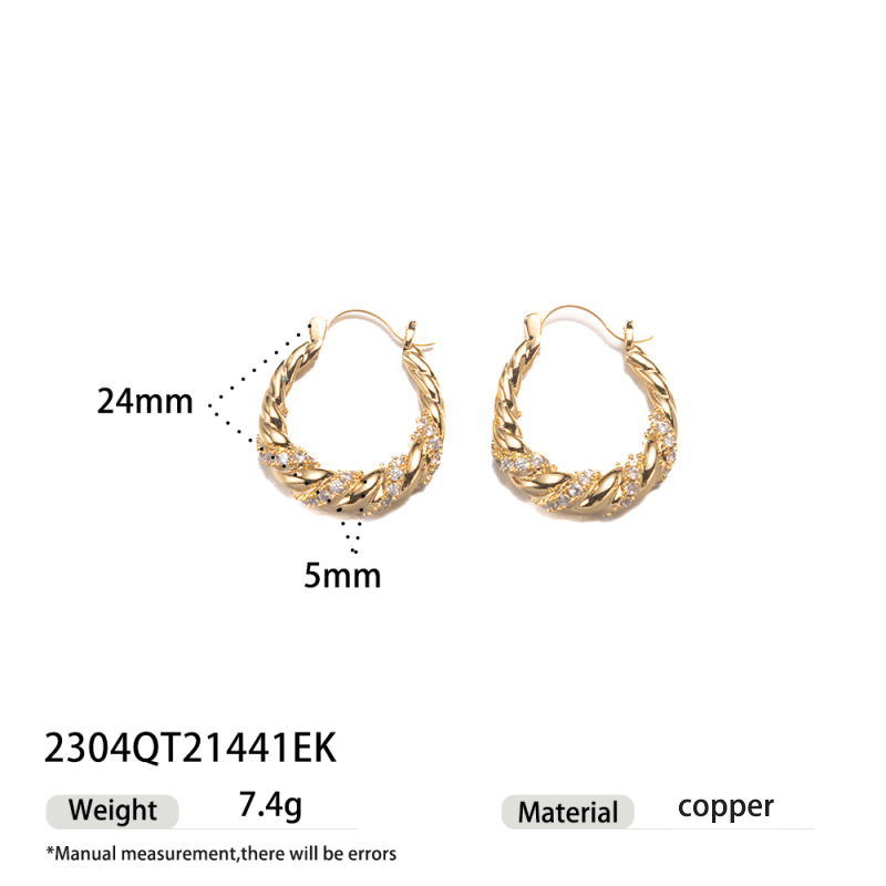 Moda europea y americana de alta calidad de textura de torsión pernos de orejas incrustados con zircon amor simple y versátil otoño e invierno temperamento pendientes