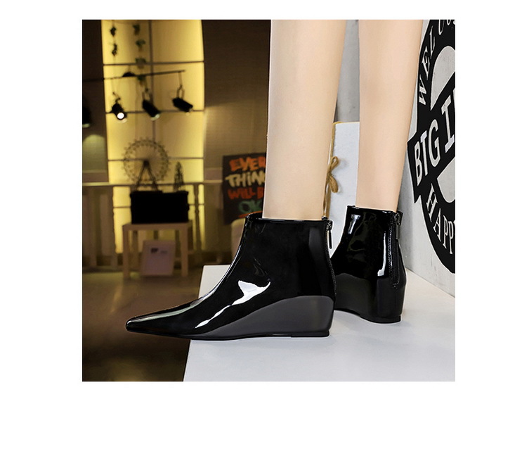 ShoeVault 6632-1 Korean Style Fashion Versatile Hidden Wedge Heel Shiny Patent Leather Short Slimming Women's And Ankle Boots_vogvips.com