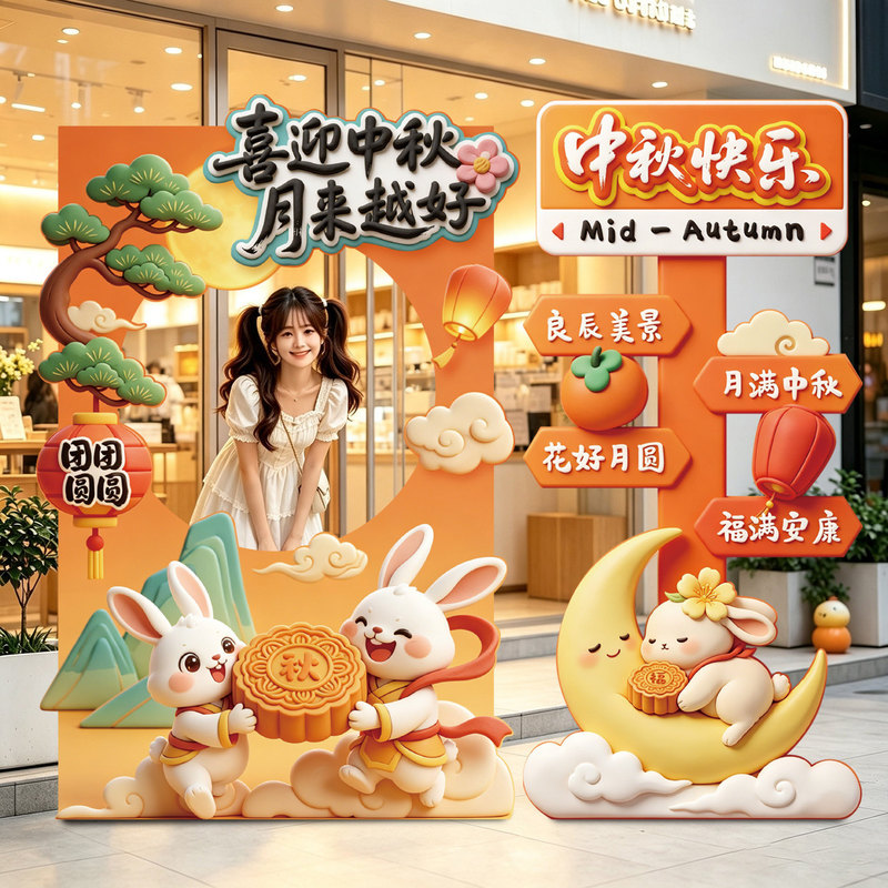 Mid-Autumn Festival scene setup, atmosphere decoration, photo frame, shopping mall store holiday event KT board, background wall props Mid-Autumn Festival scene setup, atmosphere decoration, photo frame, shopping mall store holiday event KT board, background wall props