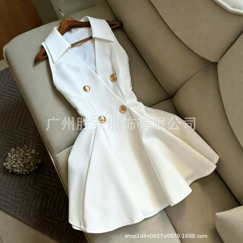New foreign trade cross-border European and American women's fashion casual elegant temperament lapel sleeveless double-breasted waist-cinching dress New foreign trade cross-border European and American women's fashion casual elegant temperament lapel sleeveless double-breasted waist-cinching dress