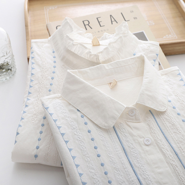 2023 Spring and Autumn New Fresh Embroidered Cotton Shirt Casual All-match Long-sleeved Women's Shirt Base Top