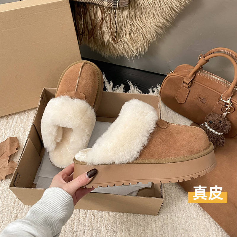 2025 New Cowhide Version Birkenstock Shoes for Women Winter Wool Mouth Fleece-Lined Thick Sole Warm Outer Wear Half Slippers Furry Shoes
