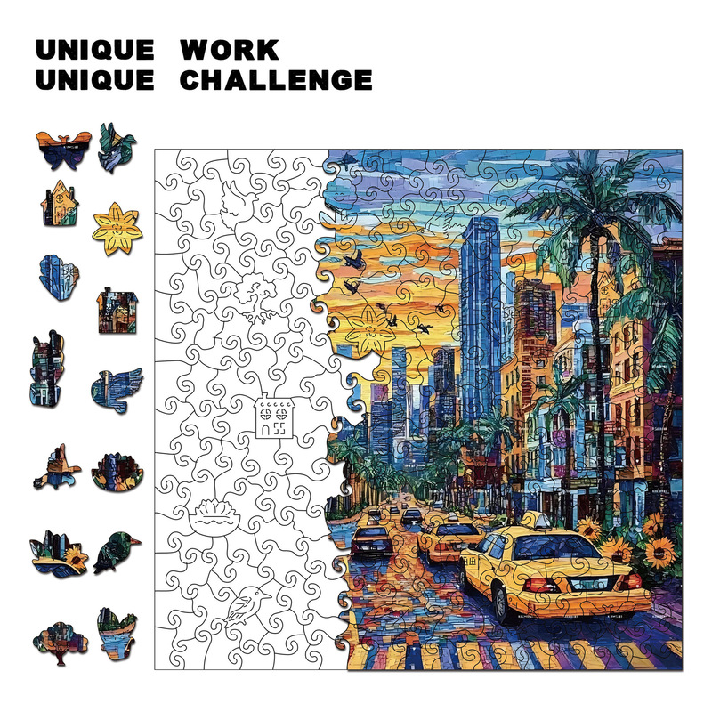 跨境木质城市风景拼图玩具不规则异形拼图存钱罐礼物DIY装饰画|undefined