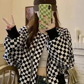 学院风短款卫衣女秋季薄款棋盘格外套2024新款设计感小众宽松上衣