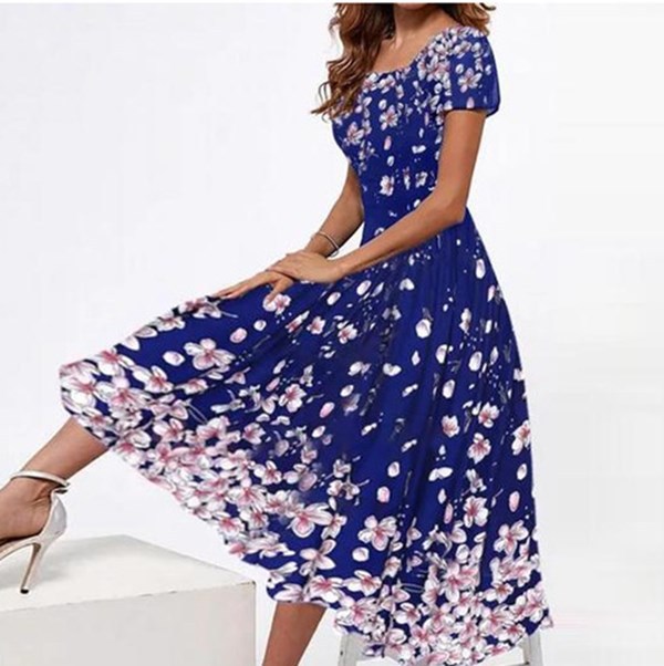 Women's Ball Gown Elegant Square Neck Printing Zipper Short Sleeve Flower Midi Dress Evening Party display picture 4