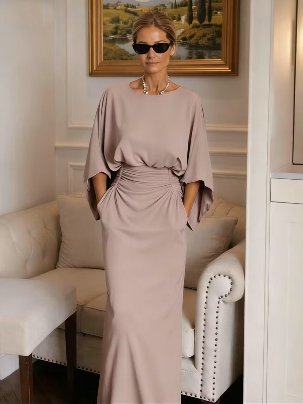 Elegant Backless Pleated Long Dress For Women American Style Slim Fit With Pockets New In Stock_ecoleips.com