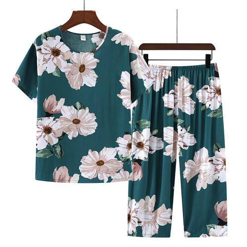 Cotton Silk Nightgown Set for Women - Summer Thin Short Sleeve Two-Piece Set - Summer Artificial Cotton Mother's Home Wear for Women - Summer Outerwear