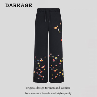 2025 New American Style Retro Creative Pattern Washed Straight Leg Pants for Men and Women Spring and Autumn Denim Pants Mop Pants