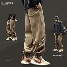 卫裤男冬季加绒重磅美式嘻哈字母潮牌束脚裤子宽松秋冬加厚运动裤