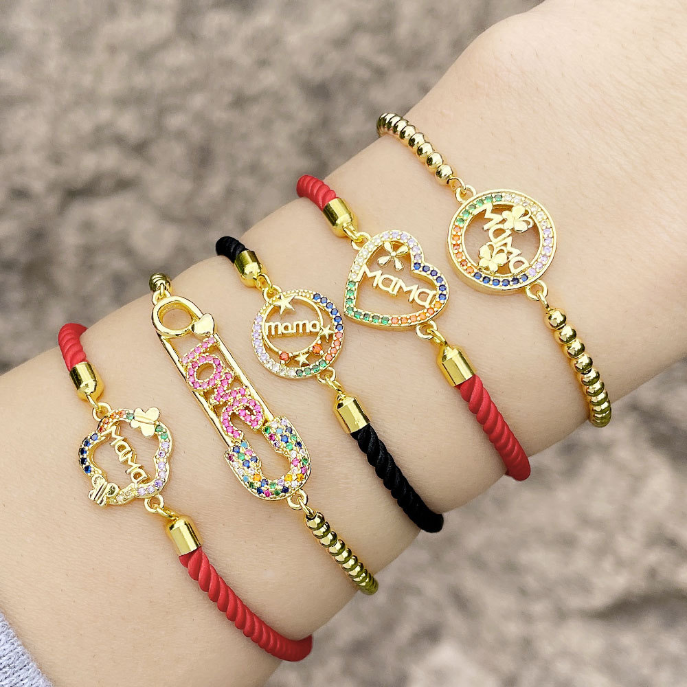 Copper 18K Gold-plated Inlaid Zircon Mama Heart Flowers Red Rope Bracelet