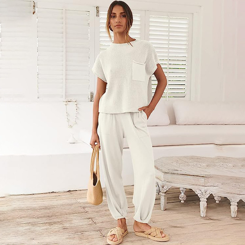 European and American Popular Sweater Set Women's Two-Piece Knitted Top High Waist Pants Sportswear Casual Home Clothes Set European and American Popular Sweater Set Women's Two-Piece Knitted Top High Waist Pants Sportswear Casual Home Clothes Set