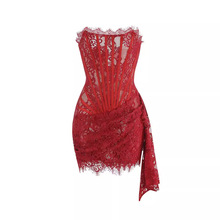 高品质时尚一字肩苗条抹胸鱼骨紧身蕾丝迷你包臀连衣裙