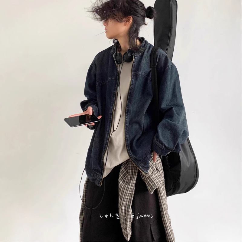 Spring and Autumn Japanese Vintage Washed Distressed Denim Jacket Bf Loose Casual Boyfriend Style Collar Jacket for Boys and Girls