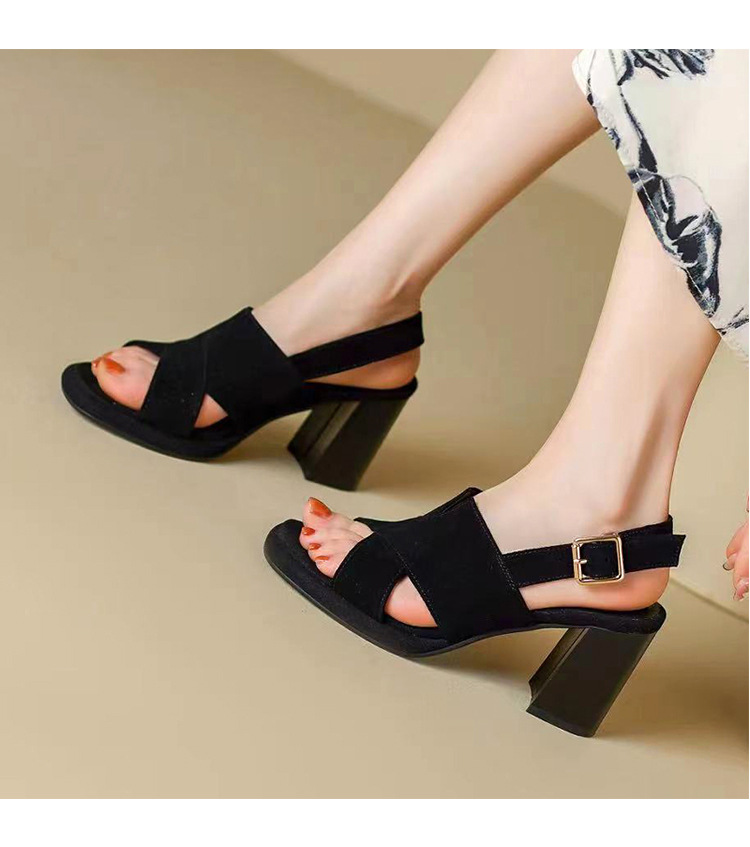 Sandal cao gót da cừu nữ mũi hở gót 7 cm đế dày chống thấm — Màu đen gót 7cm chi tiết 4