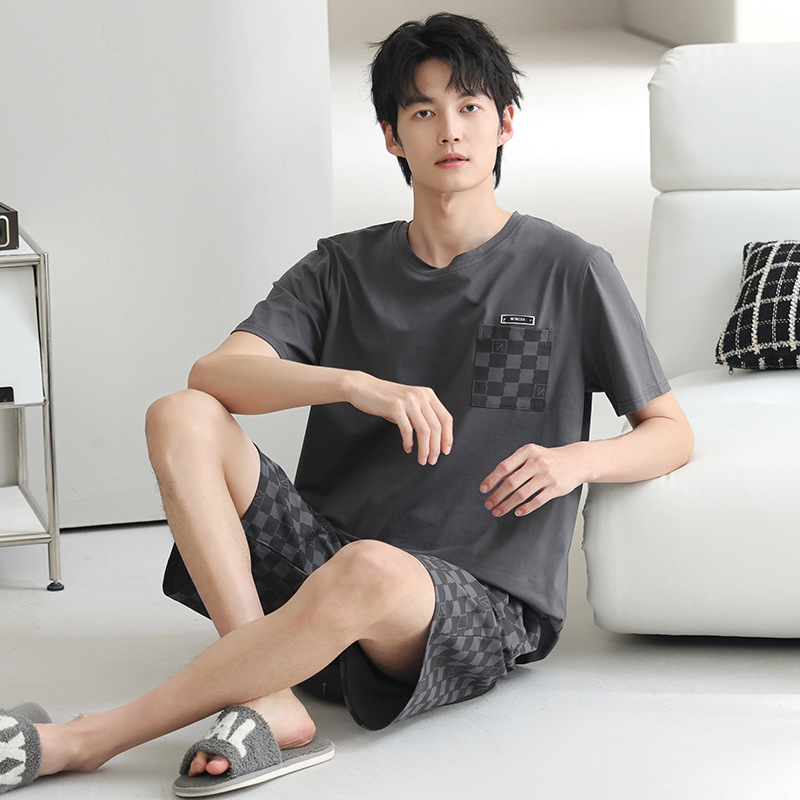 남성용 여름 코튼 파자마 세트 반팔 반바지 얇은 Ry 코튼 솔리드 컬러 홈웨어 캐주얼 플러스 사이즈