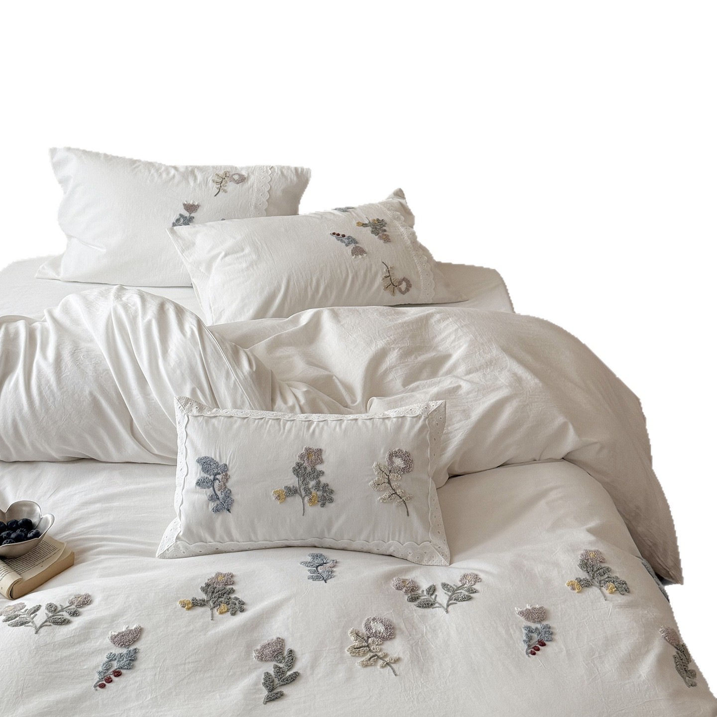 Blanco 100% algodón lavado con agua de algodón cifrado cuatro piezas toallas tridimensionales bordadas Ping An fruta piel edredón cama de algodón