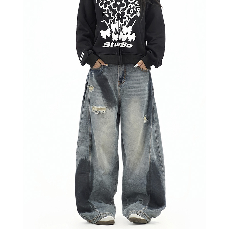 American-Style Splatter Ripped Curved Hem Jeans for Men, High Street Loose Retro Trendy Brand Design Wide-Leg Flared Long Pants American-Style Splatter Ripped Curved Hem Jeans for Men, High Street Loose Retro Trendy Brand Design Wide-Leg Flared Long Pants