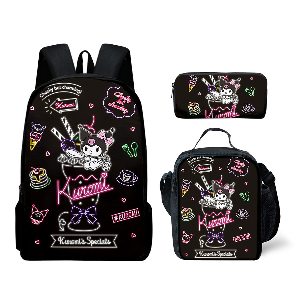 Promoción del nuevo Sanrio Kulomi kuromi mochila para estudiantes bolso de tres piezas bolso pequeño bolso de hombro libro