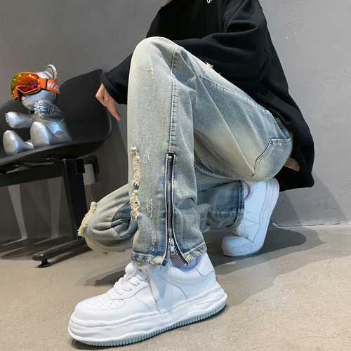 Men's Ripped Denim Jeans with Unique Design, Western Street Style, Vibe, Trendy Brand, American Summer, Ins Zipper Pants