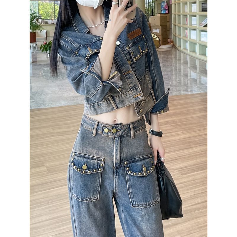 Women's Denim Jacket Two-Piece Set European Style Spring and Autumn 2023 Fashionable Short Straight Wide-Leg Pants Outfit Women's Denim Jacket Two-Piece Set European Style Spring and Autumn 2023 Fashionable Short Straight Wide-Leg Pants Outfit