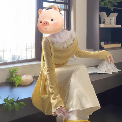 立体黄色花朵假两件荡领长袖T恤女春季2025新款设计感纯欲风上衣