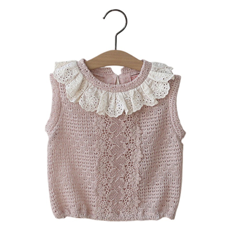 Primavera 2024 fresa Shan Corea del Sur Niñas niños collar de encaje fino dulce lindo suéter chaleco preventa