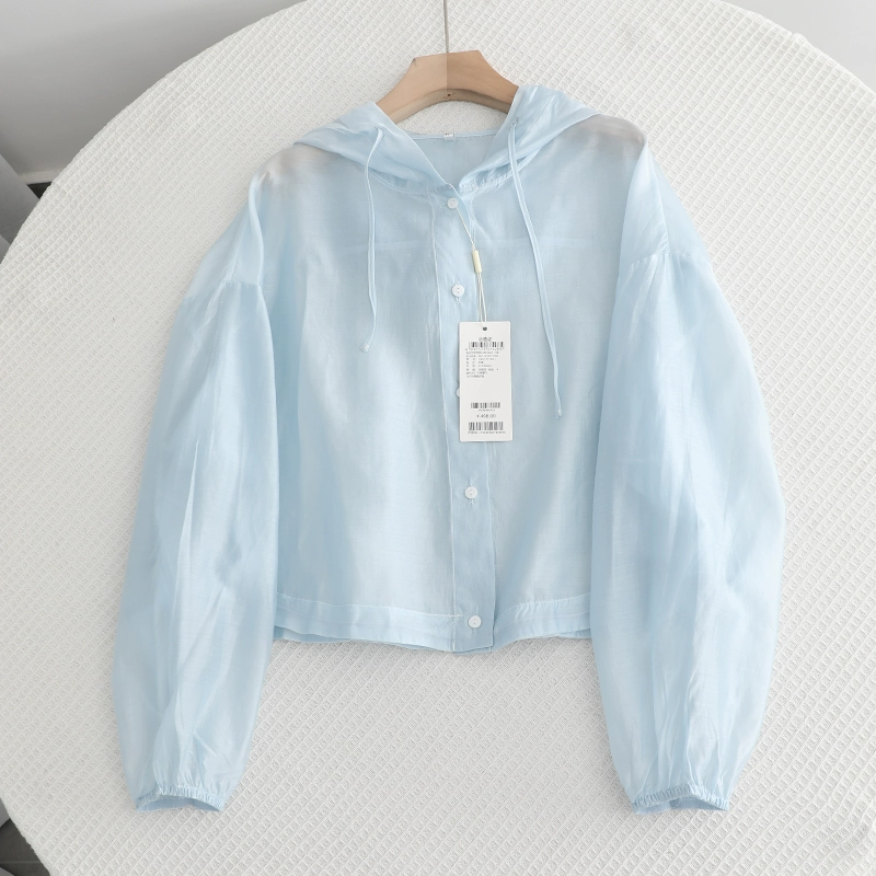 Серия Meng ~ светло-голубая повседневная легкая куртка с капюшоном и шнурком для женщин, новинка лета 2025 года, солнцезащитный топ из тенселя