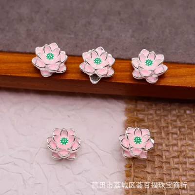 Colorful Lacquerware Pure Silver 999 Lotus Cross-Hole Bracelet Accessories DIY Handmade Materials Bracelet 3D Hard Silver Spacer Beads (Zərgərlik ara hissələri) - lacquer-3d-anemone-95mm-small-size