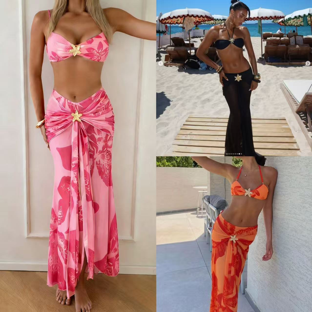 2026 New European and American Style Bikini Three-Piece Set with Metal Accessories, High-End Beach Photo Shoot Strapless Fishtail Long Gauze Dress