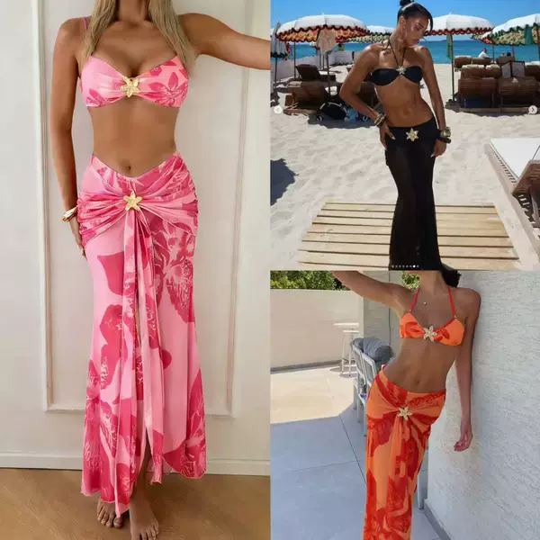 2026 New European and American Style Bikini Three-Piece Set with Metal Accessories, High-End Beach Photo Shoot Strapless Fishtail Long Gauze Dress