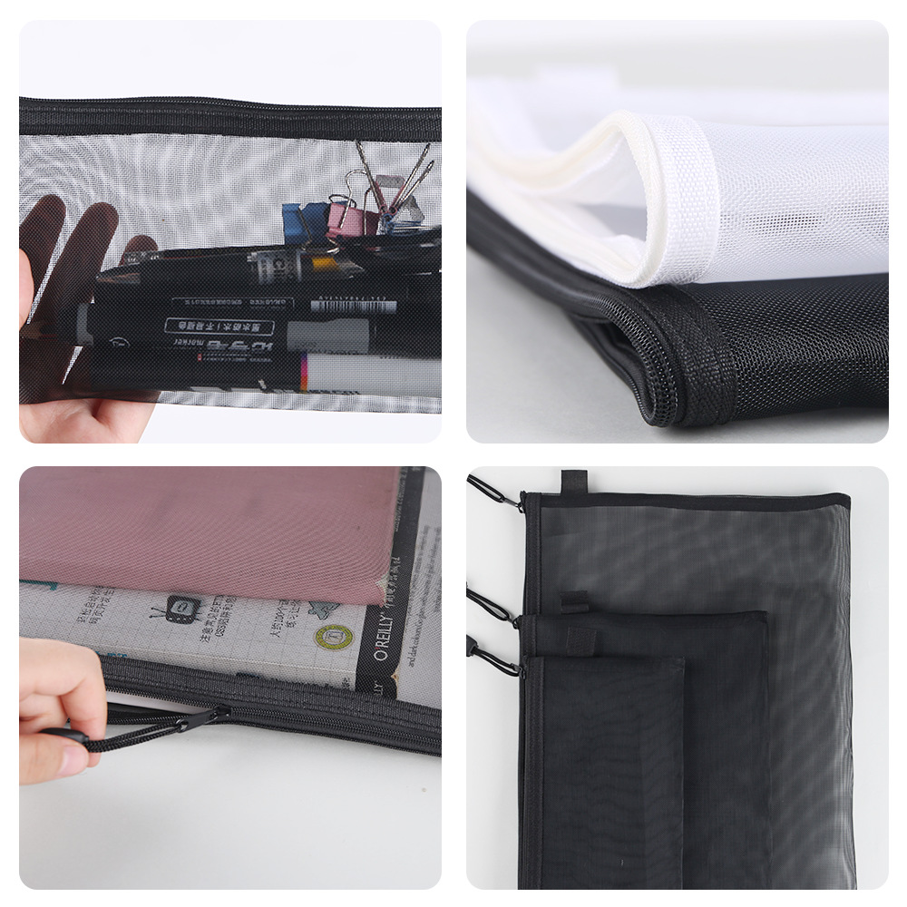 Bolsa de almacenamiento de malla transparente con cremallera, para documentos/lápices, portable
