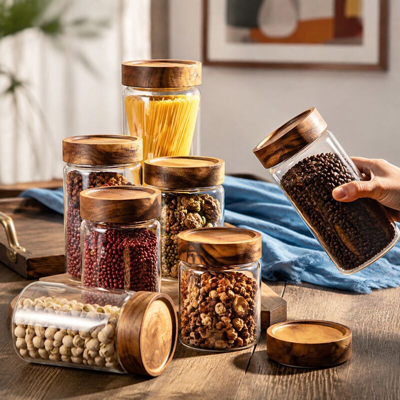Acacia wood glass jar, high borosilicate glass storage jar, household coffee bean and tea leaf sealed moisture-proof glass storage jar Acacia wood glass jar, high borosilicate glass storage jar, household coffee bean and tea leaf sealed moisture-proof glass storage jar
